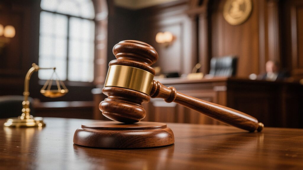 AWoodenGavelRestsOnATableInACourtroom