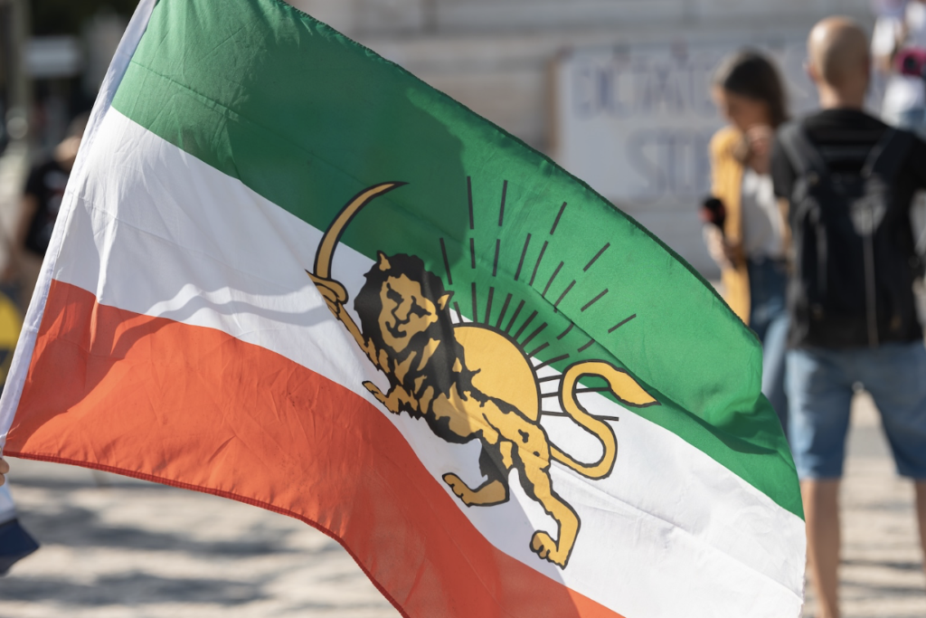 Flag with green, white, and orange stripes, featuring a gold lion and sun emblem, being waved at a crowd.